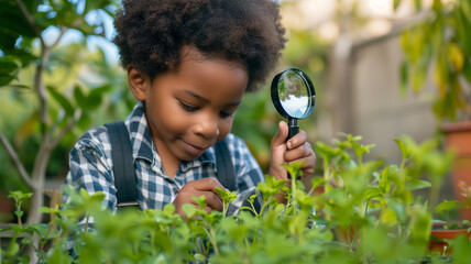 Young boy examining plant with magnifying glass - obrazy, fototapety, plakaty