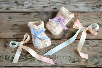 knitted baby booties with pastel ribbons on wood