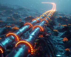 Underwater, a bustling thoroughfare of data takes shape, where cables stretch across the ocean floor, pulsing with the heartbeat of digital communication. - obrazy, fototapety, plakaty
