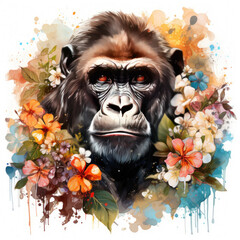 watercolor Gorilla Flowers clipart, Generative Ai