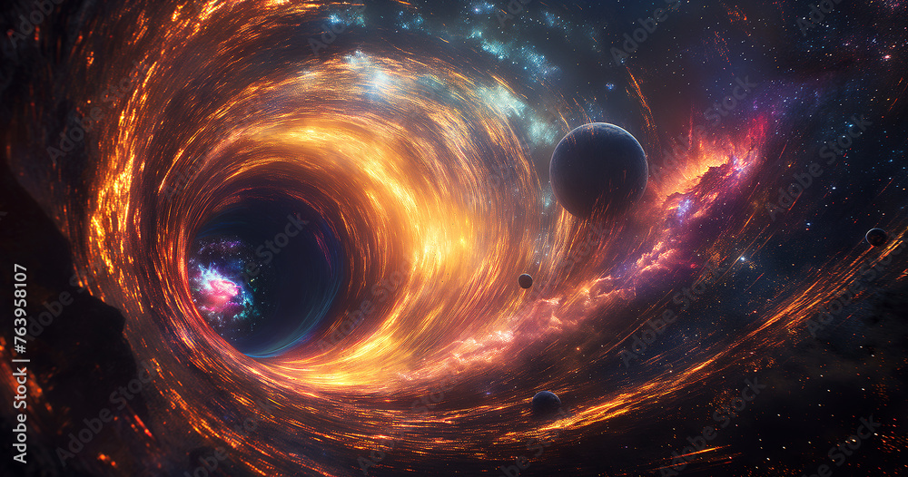 Wall mural fantastic colorful black hole, supernova and wormhole with planets in space