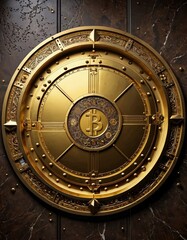 A symbolic gold vault door with a Bitcoin logo represents the intersection of traditional security with modern cryptocurrency. The shiny surface and sturdy appearance convey trust and stability in