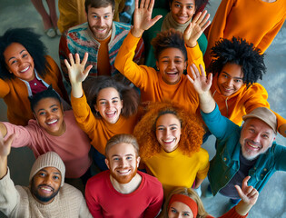 Above view of diverse group of people raising hands together, waving, smiling and looking up to camera