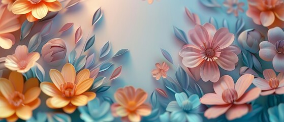 Clear detailed vintage Easter background 3D paper cut flowers in soft pastels designed with precise focus and center copy space for messages