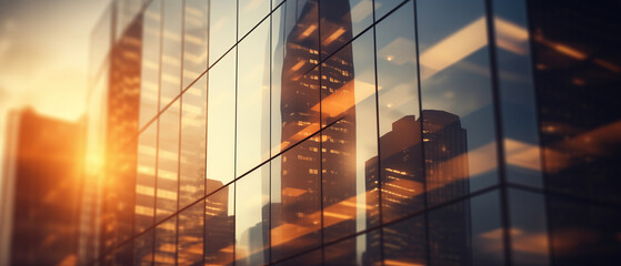 Luminescence of the urban jungle. Sunlight streaming through the windows of a skyscraper, creating a dazzling display of light and shadow on the glass facade. Abstract background design - obrazy, fototapety, plakaty