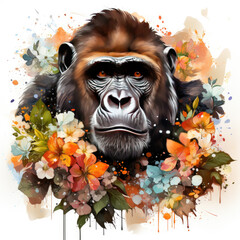 watercolor Gorilla Flowers clipart, Generative Ai