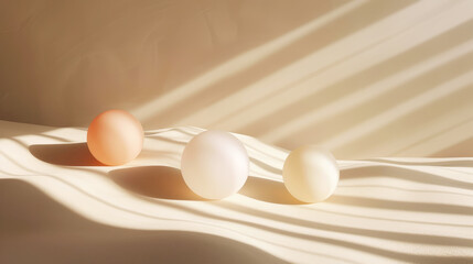 Aesthetic white and beige podium with pastel matte spheres of different sizes. Sun rays. Luxury concept. Generative AI