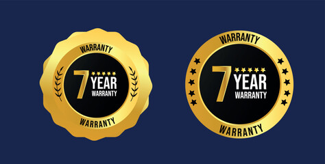 7 year warranty. Seven years warranty card with two different labels, stamps, icons design. 7 years warranty labels, stamp designs in golden and black colour. Quality assurance with warranty card