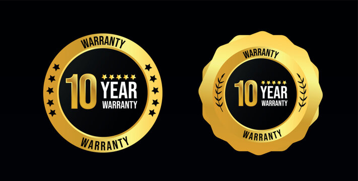 10 year warranty. Two different labels of Ten years, warranty card with , stamps, icons design. 10 years warranty labels, stamp designs in golden and black colour. Quality assurance with warranty card