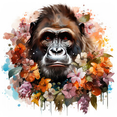 watercolor Gorilla Flowers clipart, Generative Ai