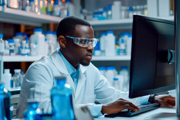 African American pharmaceutical male scientist using computer while working on new research in laboratory. - obrazy, fototapety, plakaty