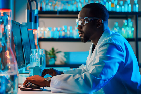 African American pharmaceutical male scientist using computer while working on new research in laboratory.