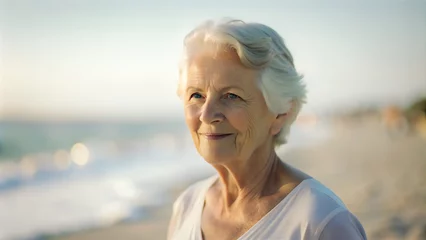 Fototapeten Mujer mayor paseando por la playa en verano. Persona anciana dando un paseo al sol. Chica tomando el sol. Concepto vida sana y vacaciones en el mar. © Shyla Marsare