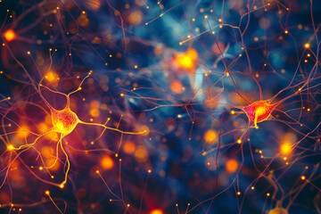 Background from nerve cells or neural networks with cell activity between each other. Neurology and the nervous system concept and showcase - obrazy, fototapety, plakaty
