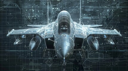 Develop a fighter jet blueprint featuring cutting-edge avionics like a sophisticated radar system - obrazy, fototapety, plakaty