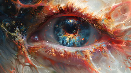 Close Up Eye Reflection View of the Universe, Abstract Digital Conceptual Art, Window to the Soul, Spirituality, Psychology, Surreal Artwork Mysteries of Dreams, Imagination, Cosmic, Depth of Mind. - obrazy, fototapety, plakaty