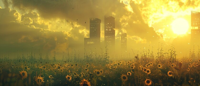 retrofuturism backdrops sync wave music fills the air near skyscrapers and sunflower fields