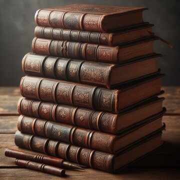 A stack of antique leather-bound books with intricate designs, suggesting a rich history and the value of knowledge. The image conveys a sense of classic wisdom and learning.