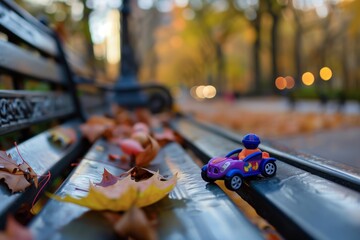 toy left behind on a park bench with fall leaves around