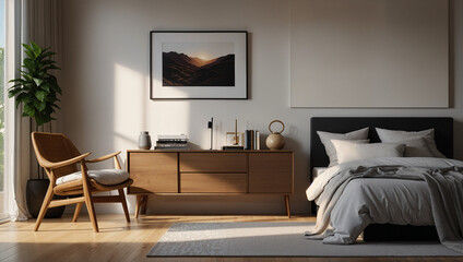 modern bedroom at daylight, with a nightstanda
