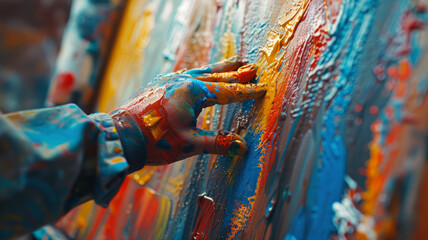 Close-up of hand painting on canvas - obrazy, fototapety, plakaty