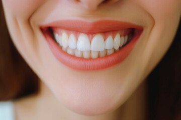 Fototapeta premium Beautiful cute smile with very clean perfect teeth. Chin, nose and mouth visible. Dental service advertisement