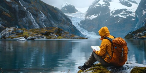Solitary Traveler Enjoys Peaceful Moment Reading by Serene Mountain Lake Reflecting Scenic Landscape - obrazy, fototapety, plakaty