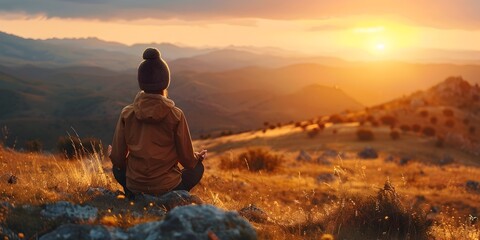 Tranquil Moment of Reflection on a Serene Mountaintop Sunrise Adventure - obrazy, fototapety, plakaty