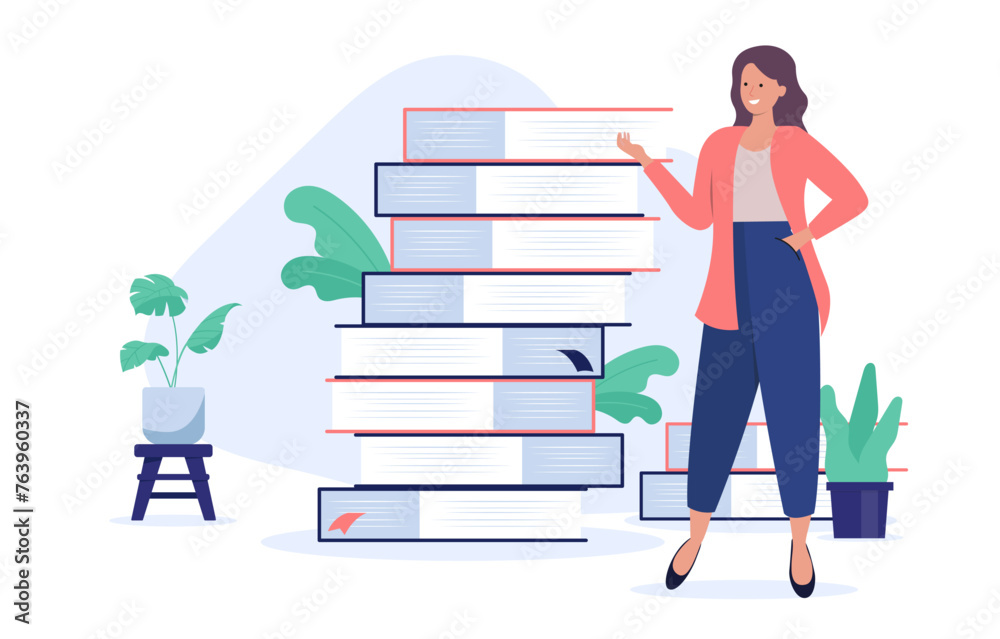 Poster woman with books - female person standing in front of stack of books talking about literature and re