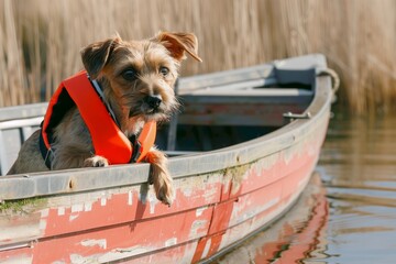 terrier in lifejacket peering over side of rowboat