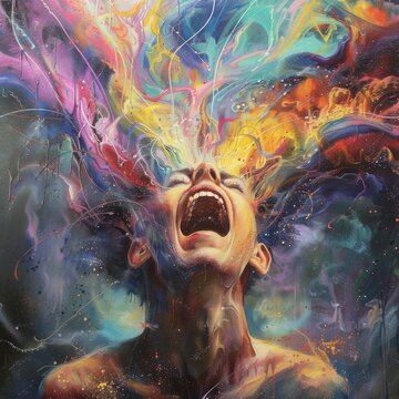 Surreal artwork of a person's head exploding into a vibrant cosmic burst, symbolizing a powerful release of creativity and emotion