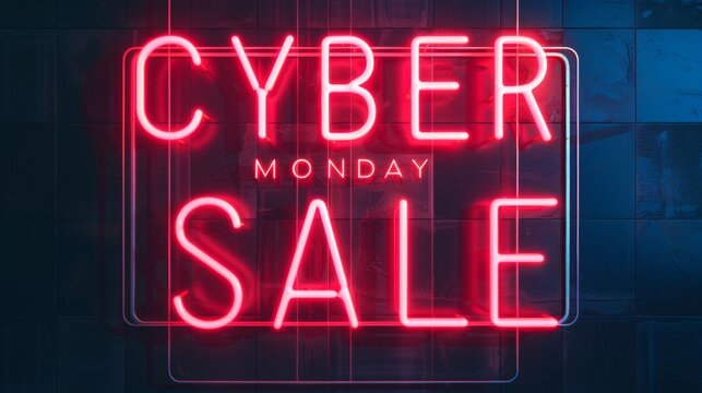Neon Cyber Monday Sale text, set against a dark metal background. Modern 3D banner template design with neon bright lights