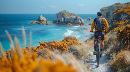 Coastal Trail Biking: Ocean Breezes and Scenic Stops - obrazy, fototapety, plakaty