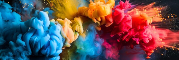 A picture of colorful ink in a water. isolated on dark black background. multicolored paint explosion overlay. abstract smoke in different colors underwater, mixing rainbow, AI Generated.