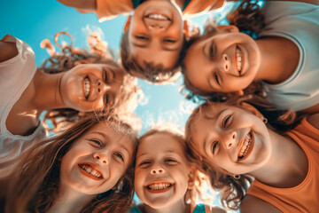Bunch of cheerful joyful cute little children playing together and having fun. Group portrait of happy kids huddling, looking down at camera and smiling. Low angle, view from below. Friendship concept