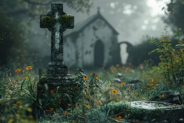 The grave's edge marks a conversion point, where deceitful pledges confront the echoes of bygone sanctity, urging a swift path to redemption. - obrazy, fototapety, plakaty