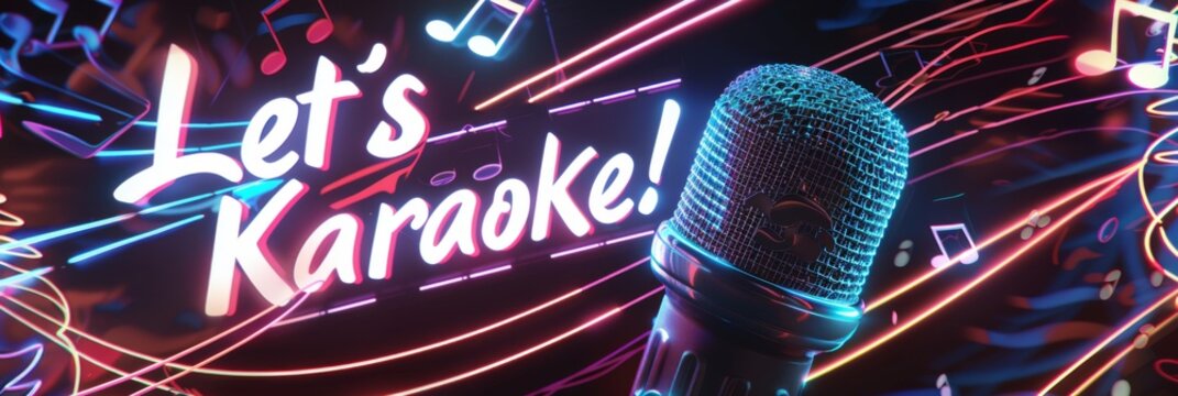 Neon Lets Karaoke text with 3D vintage microphone, set against a dark background. Modern 3D banner template design with neon bright lights