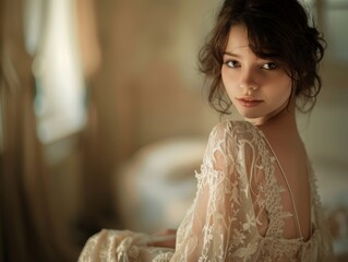 Fototapeta premium Beautiful young woman with delicate makeup in a lace dress posing against the background of a blurred room