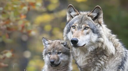 Obraz premium Male wolf and cub portrait, space for text, object on right side, ideal for search relevance