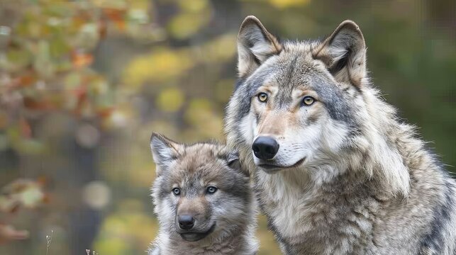 Male wolf and cub portrait, space for text, object on right side, ideal for search relevance