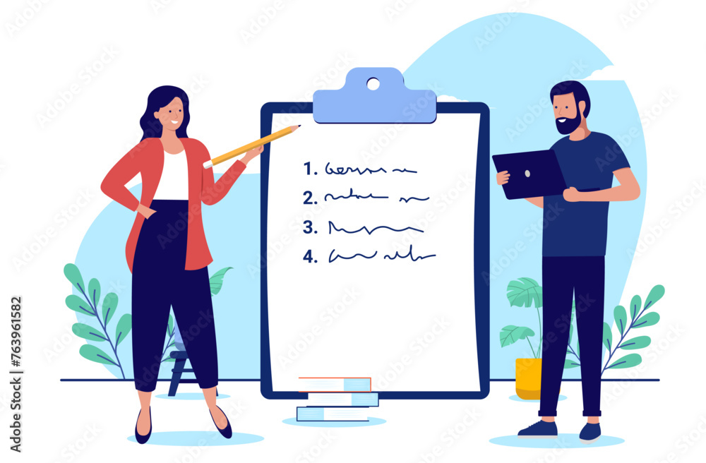 Aufkleber people and clipboard - man and woman standing in front of numbered list taking notes and presenting 