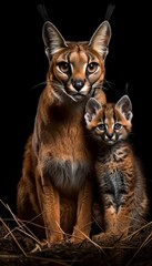 Male caracal and caracal kitten portrait with object, ample space for text on left side