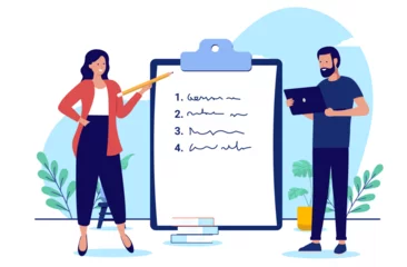 Fototapeten People and clipboard - Man and woman standing in front of numbered list taking notes and presenting business plan. Flat design vector illustration with white background © Knut