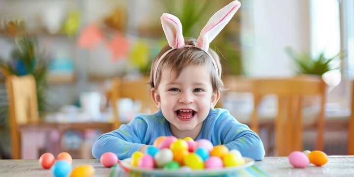 Cute 3-year-old laughing boy wearing bunny ears on his head, sitting in front of a table with plate of colored plain easter eggs