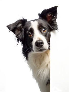 Border collie dog peeking around corner overlapping placeholder area