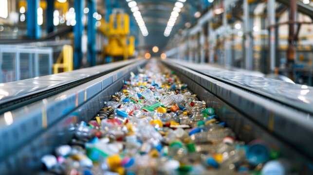 Crushed plastic waste transported on a production line conveyor belt