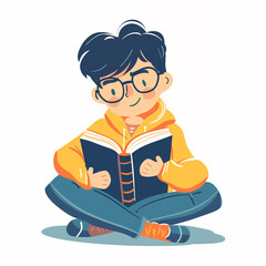 illustration of student reading book, scholar boy teenager studying educational materials, isolated flat vector modern illustration of child, full of curiosity and motivation