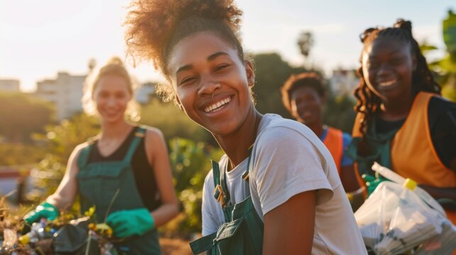 Teams of volunteers of different ages and backgrounds working together to clean up the park