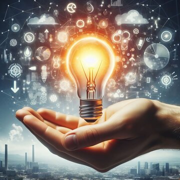 A hand holds a glowing lightbulb against a cityscape, symbolizing ideas and innovation. The composition is rich with icons representing industry, finance, and technology.