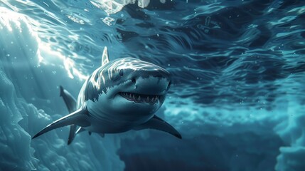 Fototapeta premium A bull shark swims silently beneath the ice wall observed by a tour guide explaining its extractive impact on the marine ecosystem